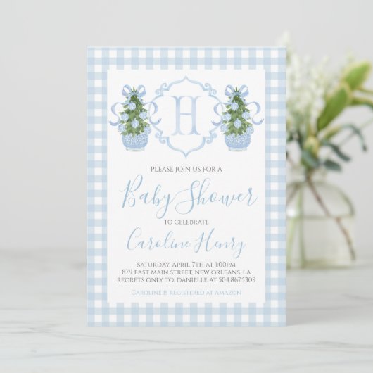 Boy Christmas Baby Shower Preppy Gingham Blue Einladung (Stehend Vorderseite)