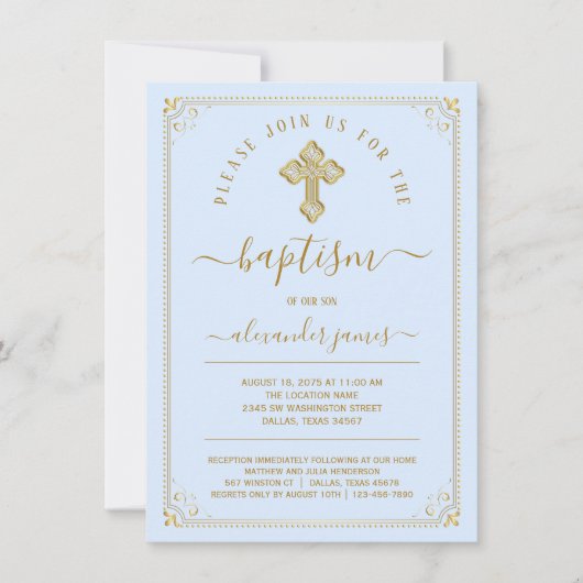Boy Classic Blue Gold Taufe Einladung (Vorderseite)