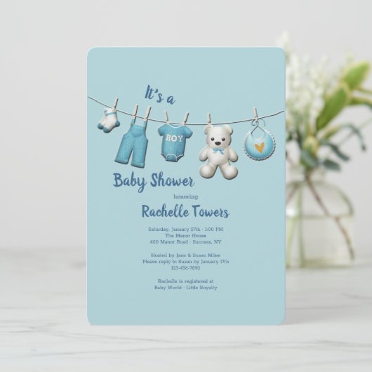 Boy Clothesline Baby Dusche Einladung (Stehend Vorderseite)