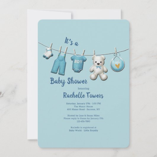 Boy Clothesline Baby Dusche Einladung (Vorderseite)