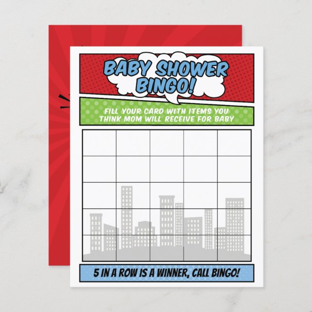 Boy Comic Book Superhero Baby Shower Bingo Game (Vorne/Hinten)