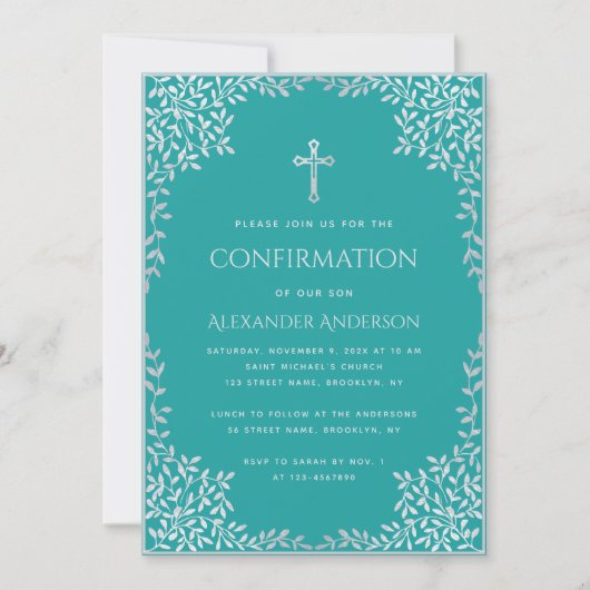 Boy Confirmation Aquamarine Imitate Silver Verlass Einladung (Vorderseite)