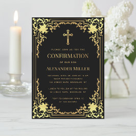 Boy Confirmation Black Imitate Gold Vintag Elegant Einladung