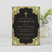Boy Confirmation Black Imitats Gold Blätter Religi Einladung (Stehend Vorderseite)