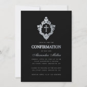 Boy Confirmation Black Vintag Imitate Silver Wappe Einladung (Vorderseite)