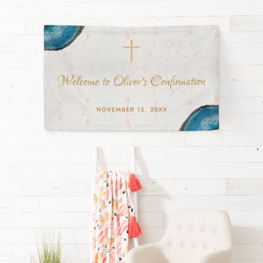 Boy Confirmation Blue Geode Script Marble Willkomm Banner (Insitu)