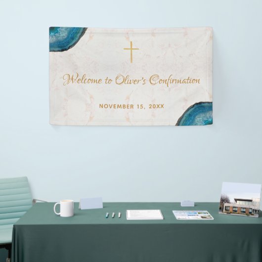 Boy Confirmation Blue Geode Script Marble Willkomm Banner (Messeveranstaltung)