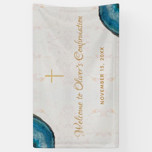 Boy Confirmation Blue Geode Script Marble Willkomm Banner (Vertikal)