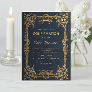 Boy Confirmation Blue Gold Blätter & Cross Vintag Einladung
