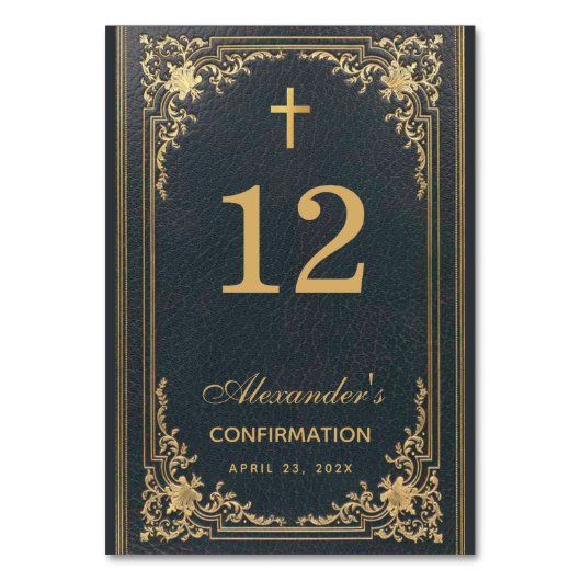 Boy Confirmation Blue Gold Cross Elegant Vintag Tischnummer (Rückseite)