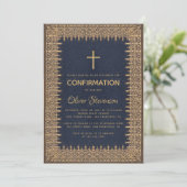 Boy Confirmation Blue Vintag Frame Gold Cross Einladung (Stehend Vorderseite)