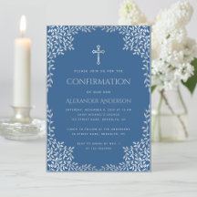Boy Confirmation Classic Blue Silver Blätter Cross