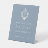 Boy Confirmation Dusty Blue Elegant Cross in Wappe Sockelschild (Vorderseite)