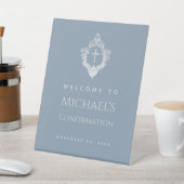 Boy Confirmation Dusty Blue Elegant Cross in Wappe Sockelschild (In SItu)