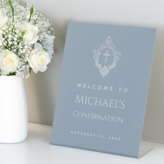 Boy Confirmation Dusty Blue Elegant Cross in Wappe Sockelschild