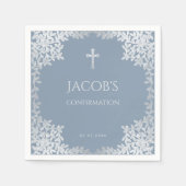 Boy Confirmation Dusty Blue Elegant Silver Blätter Serviette (Vorderseite)