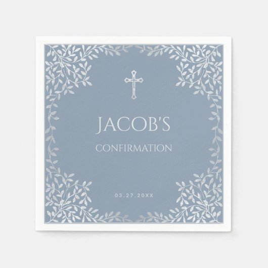 Boy Confirmation Dusty Blue Elegant Silver Blätter Serviette (Vorderseite)