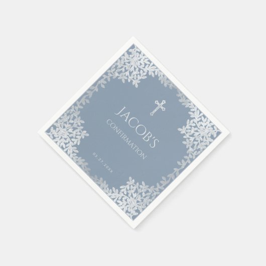 Boy Confirmation Dusty Blue Elegant Silver Blätter Serviette (Ecke)