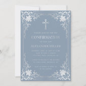 Boy Confirmation Dusty Blue Imitats Silver Religio Einladung (Vorderseite)