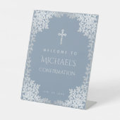 Boy Confirmation Dusty Blue Religious Cross Blätte Sockelschild (Vorderseite)