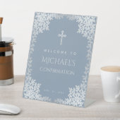 Boy Confirmation Dusty Blue Religious Cross Blätte Sockelschild (In SItu)