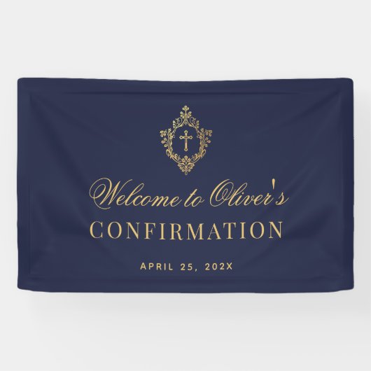 Boy Confirmation Elegant Navy Blue Imitats Gold Wa Banner (Horizontal)