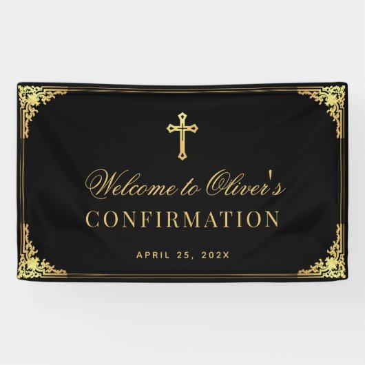 Boy Confirmation Elegante Black Imitate Gold Vinta Banner (Horizontal)