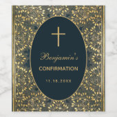 Boy Confirmation Gold Blätter kreuzen Elegant Blue Weinetikett (Einzelnes Label)