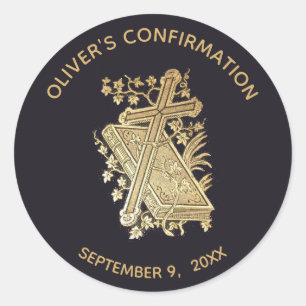Boy Confirmation Gold Cross Bibel auf Black Vintag Runder Aufkleber