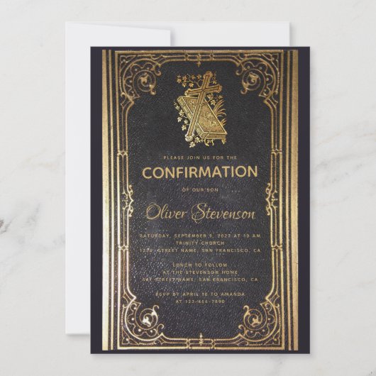 Boy Confirmation Gold Cross & Book Elegant Vintag Einladung (Vorderseite)