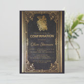 Boy Confirmation Gold Cross & Book Elegant Vintag Einladung (Stehend Vorderseite)