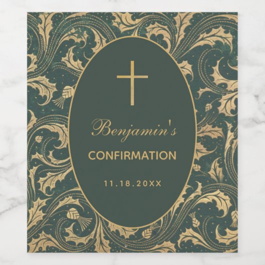 Boy Confirmation Gold Thistle Cross Elegant Green Weinetikett (Einzelnes Label)