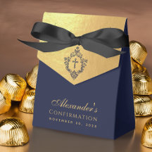 Boy Confirmation Navy Blue Crest Faux Gold Elegant