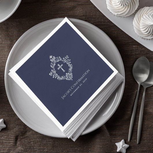 Boy Confirmation Navy Blue Elegant Vintages Wappen Serviette
