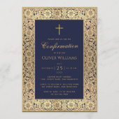 Boy Confirmation Navy Blue Gold Rose Rahmen Einladung (Vorderseite)