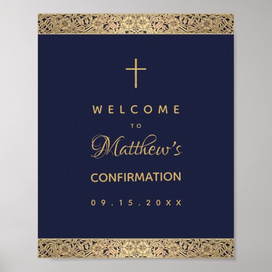Boy Confirmation Navy Blue Gold Rose Willkommen Poster (Vorne)