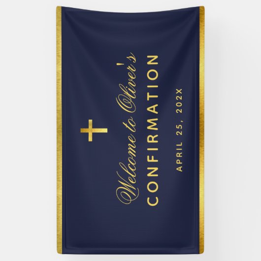 Boy Confirmation Navy Blue Imitats Gold Cross Will Banner (Vertikal)