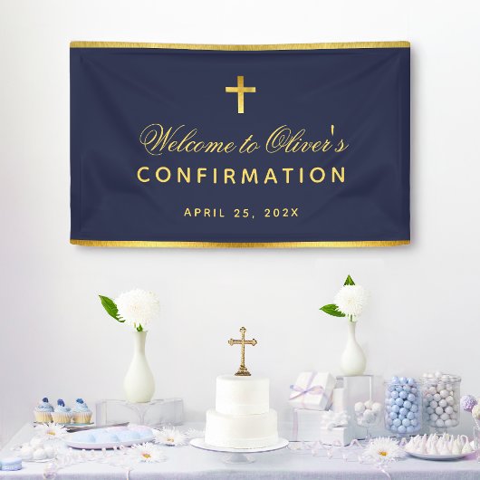 Boy Confirmation Navy Blue Imitats Gold Cross Will Banner