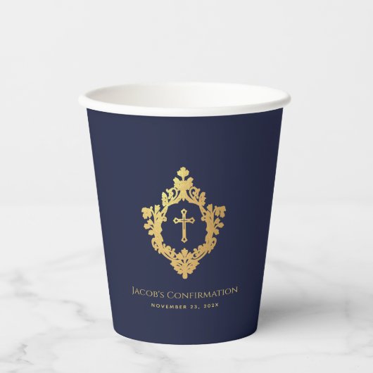 Boy Confirmation Navy Blue Wappen Cross Imitate Go Pappbecher (Vorderseite)