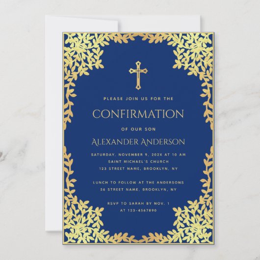 Boy Confirmation Royal Blue Imitats Gold Blätter C Einladung (Vorderseite)