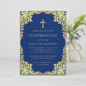 Boy Confirmation Royal Blue Imitats Gold Blätter C Einladung (Stehend Vorderseite)