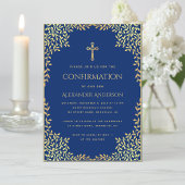 Boy Confirmation Royal Blue Imitats Gold Blätter C Einladung