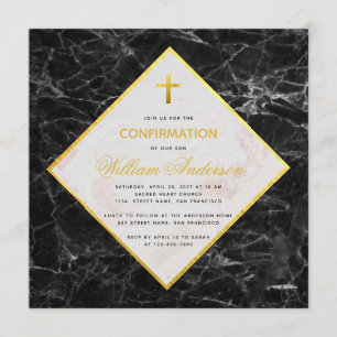 Boy Confirmation White Black Marble Imitats Gold F Einladung