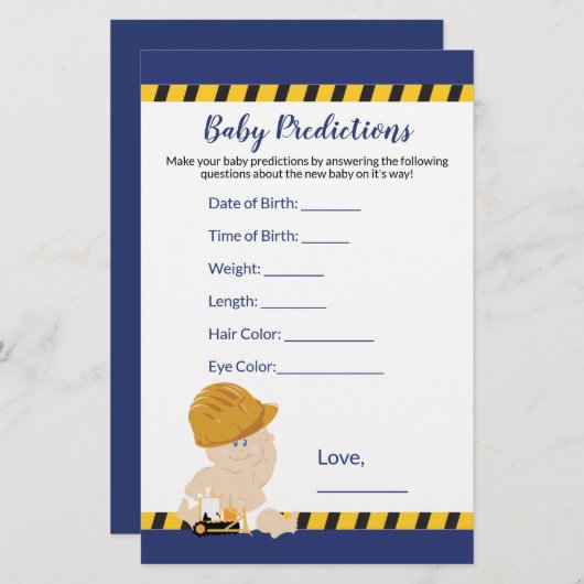 Boy Construction Baby Shower Predictions Game (Vorne/Hinten)