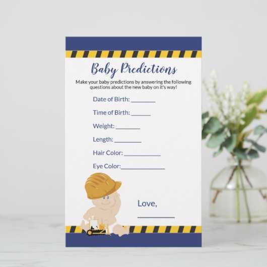 Boy Construction Baby Shower Predictions Game (Stehend Vorderseite)
