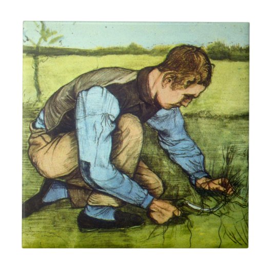 Boy Cutting Grass with Sickle von Vincent van Gogh Fliese (Vorderseite)