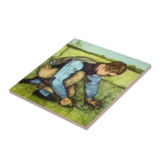 Boy Cutting Grass with Sickle von Vincent van Gogh Fliese (Seite)