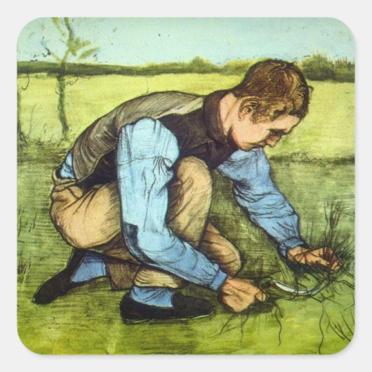 Boy Cutting Grass with Sickle von Vincent van Gogh Quadratischer Aufkleber (Vorderseite)