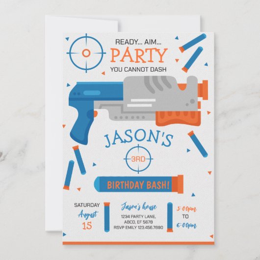Boy Dart Gun War Birthday Party Einladung (Vorderseite)