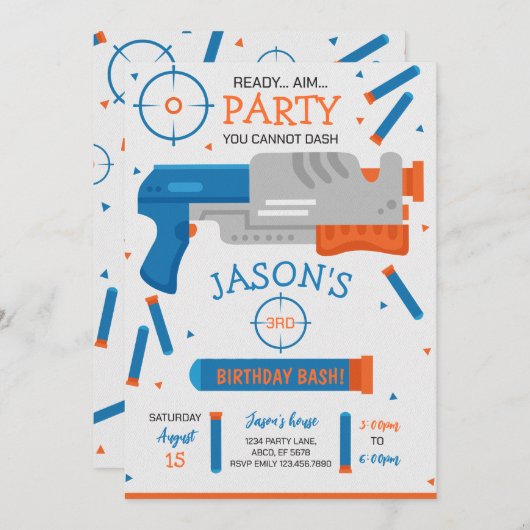 Boy Dart Gun War Birthday Party Einladung (Vorne/Hinten)